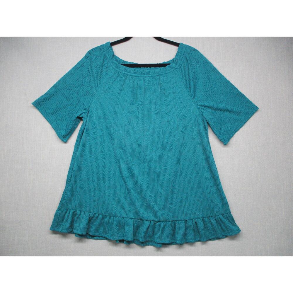 CATO EST. Teal Aqua Ruffled Hem Textured Gathered Neck Blouse Top Womens Size 10